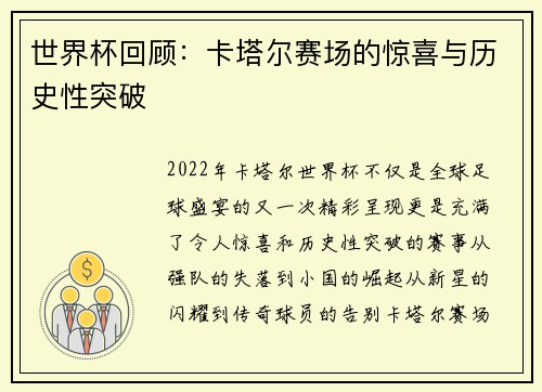 世界杯回顾：卡塔尔赛场的惊喜与历史性突破